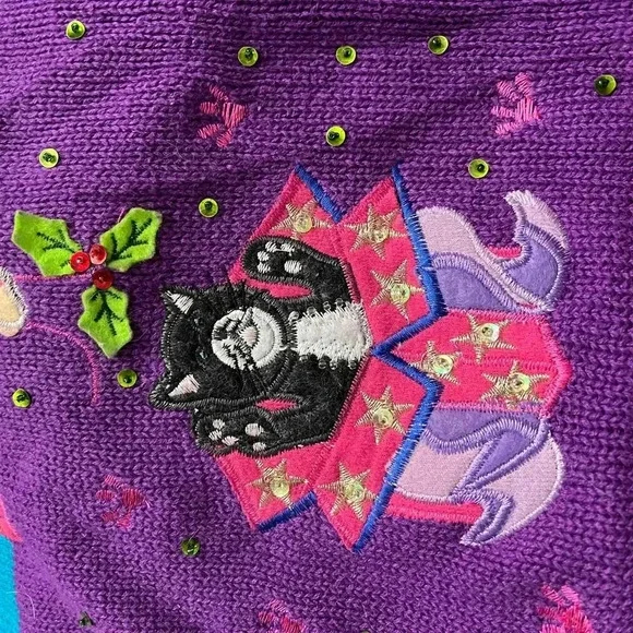 Heirloom Collectibles Vintage Christmas Cat Cardigan Sweater Small Art To Wear - Picture 12 of 13